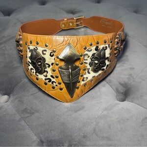 Vintage Tequila Brown, Statement Leather Belt with Metal Embellishments, Western